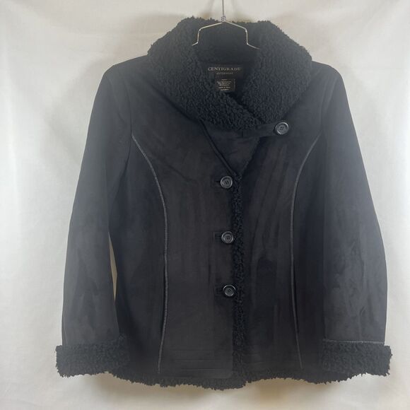 Centigrade Women’s Black Faux Shearling Suede Jacket Coat Button Front Sherpa M - Picture 1 of 9